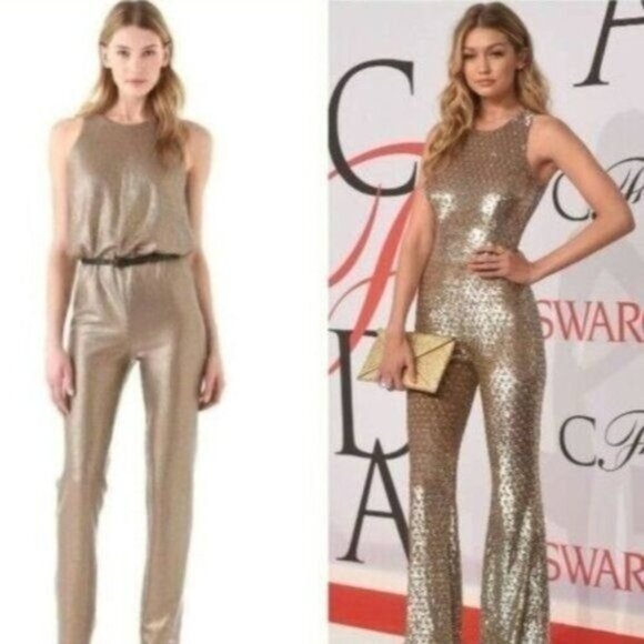 BCBGMaxAzria Jumpsuit M Gold Sequins Sleeveless Lowe  Formal Party - Picture 1 of 16